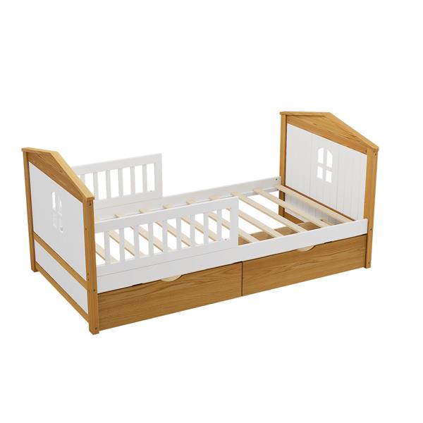 Twin Size House Shape Bed with  Two Drawers Wooden Bed for Girls Boys Teens, No Box Spring Needed, Walnut and White