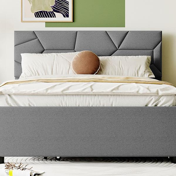 Full Size Upholstered Platform Bed with Brick Pattern Headboard and Twin Size Trundle, Linen Fabric, Gray