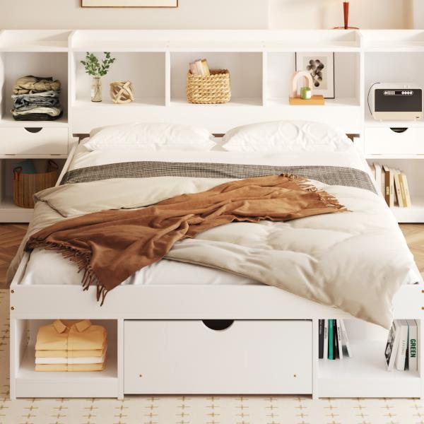 Queen Size Wood Platform Bed with Multi-storage Headboard and a Drawer, White(Expected Arrival Time: 6.16)