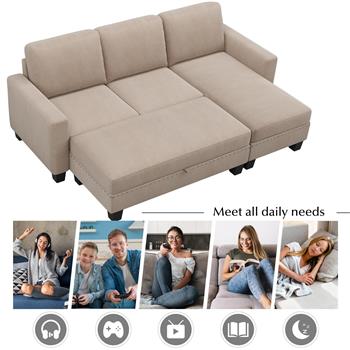 [New]81\\" Reversible Sectional Couch with Storage Chaise L-Shaped Sofa for Apartment Sectional Set ,Sectional Sofa with Ottoman,Nailhead Textured Linen Fabric 3 pieces Sofa Set,Warm Grey