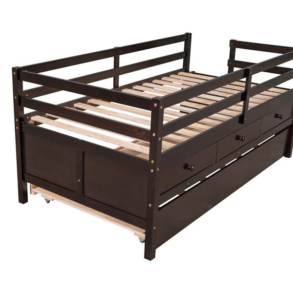 Low Loft Bed Twin Size with Full Safety Fence, Climbing ladder, Storage Drawers and Trundle Espresso Solid Wood Bed