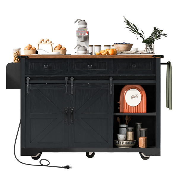 53.7" Farmhouse Kitchen Island with Power Outlet, 2 Sliding Barn Door Kitchen Storage Island with Drop Leaf, Spice Rack Rolling Kitchen Cart on Wheels, for Home, Kitchen and Dining Room, Black