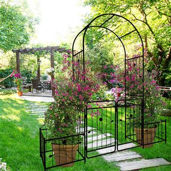 Metal Garden Arch with Gate 79.5\\'\\' Wide x 86.6\\'\\' High Climbing Plants Support Rose Arch Outdoor Black