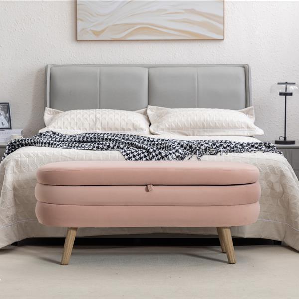 036-Velvet Fabric Storage Bench Bedroom Bench With Wood Legs For Living Room Bedroom Indoor,Light Pink