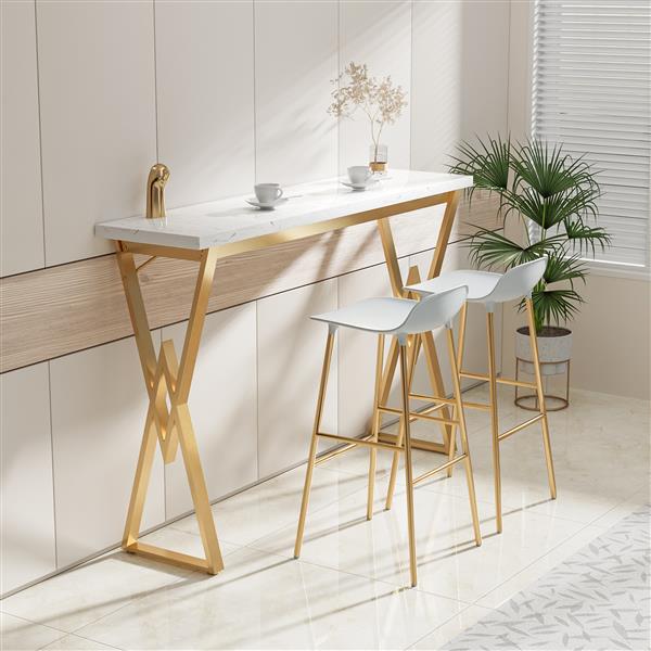 63" Modern White Kitchen Bar Height Dining Table Wood Breakfast Pub Table with Gold Base