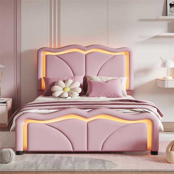 Twin Size Upholstered Platform Bed with Curve Shaped and Height-adjustbale Headboard,LED Light Strips,Pink