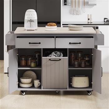 Kitchen Island with Trash Can Storage Cabinet, Kitchen Cart with Drop Leaf, Spice Rack, Towel Rack and Drawer, Rolling Kitchen Island on Wheels with Adjustable Shelf, Grey