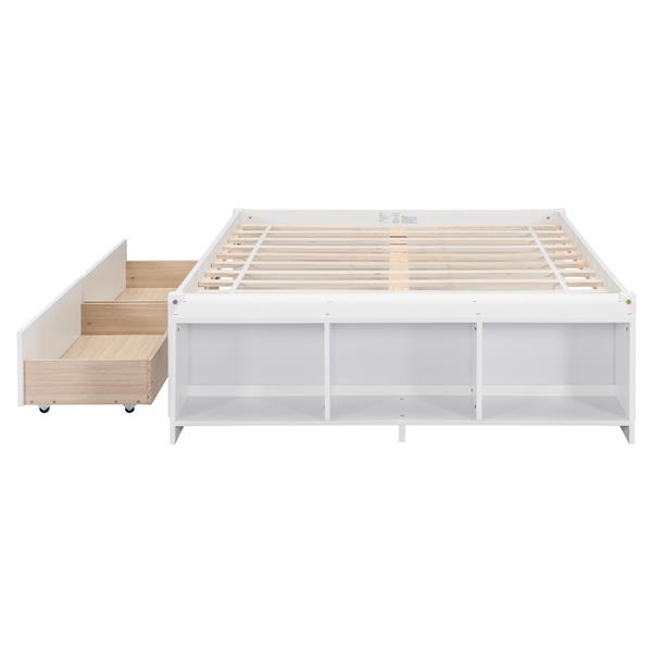 Full Size Bed with Storage Case, 2 Storage drawers, Lengthwise Support Slat,White