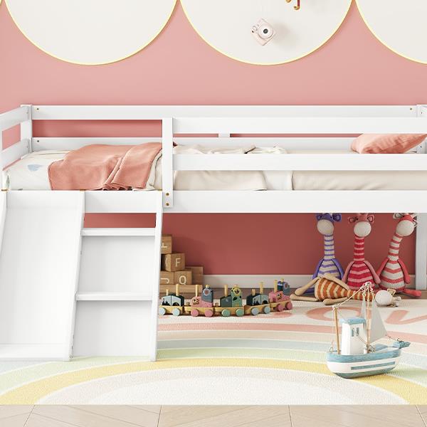 Twin Low Loft Bed with Slide,  Ladder, Safety Guardrails, No Box Spring Needed,White