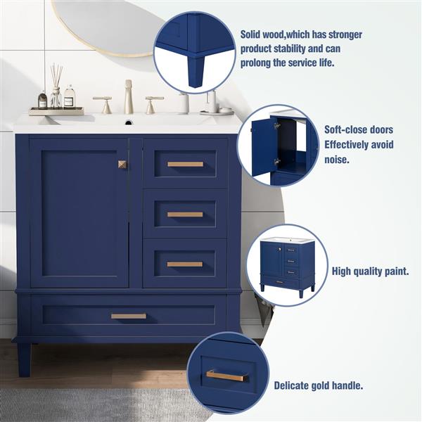 30" Bathroom Vanity , Modern Bathroom Cabinet with Sink Combo Set, Bathroom Storage Cabinet with a Soft Closing Door and 3 Drawers, Solid Wood Frame(Blue)