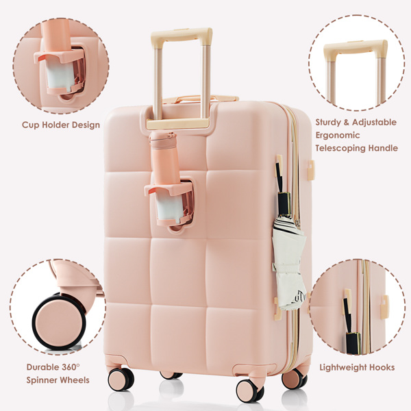 Luggage Set of 3, 20-inch with USB Port, Airline Certified Carry-on Luggage with Cup Holder, ABS Hard Shell Luggage with Spinner Wheels, pink 