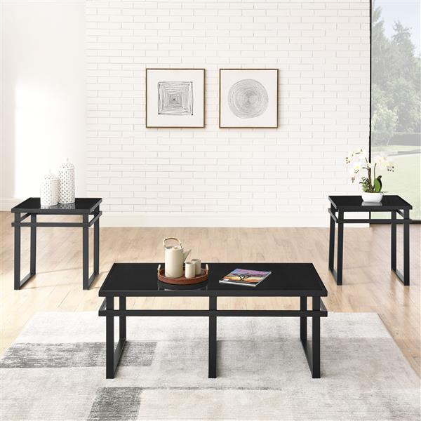 Modern 3-Piece Table Set, Includes 1 Coffee Table and 2 End Tables with BLACK Glass Top and Metal Tube (All-Black)