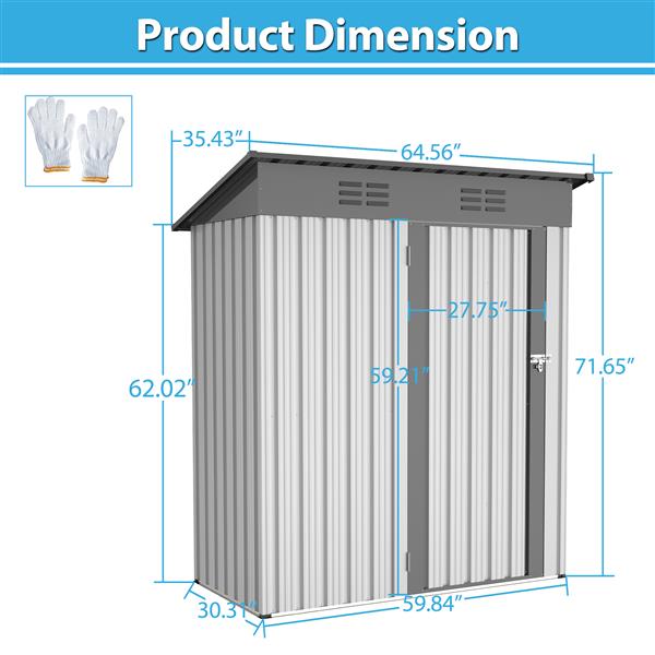 5 X 3 Ft Outdoor Storage Shed, Galvanized Metal Garden Shed With Lockable Doors, Tool Storage Shed For Patio Lawn Backyard Trash Cans