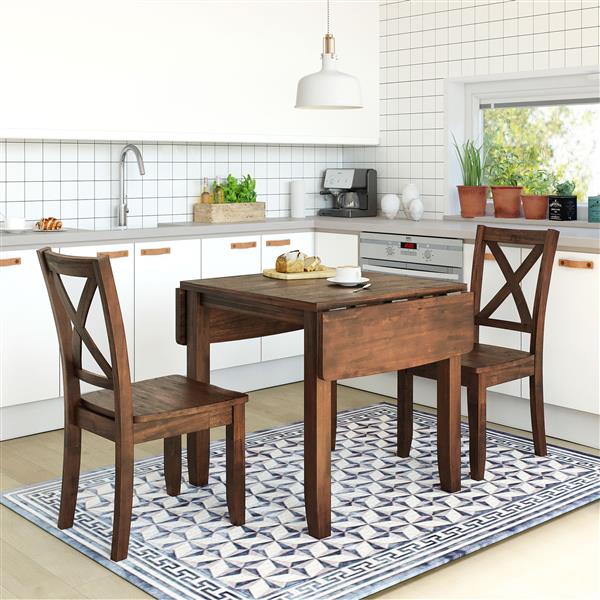 3-Piece Wood Drop Leaf Breakfast Nook Dining Table Set with 2 X-back Chairs for Small Places, Brown