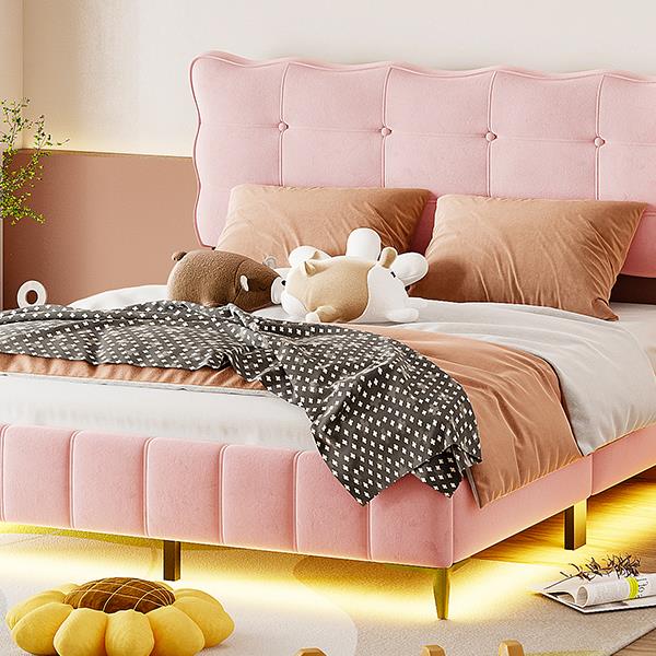 Queen Size Velvet Platform Bed with LED Frame and Stylish Mental Bed Legs, Pink