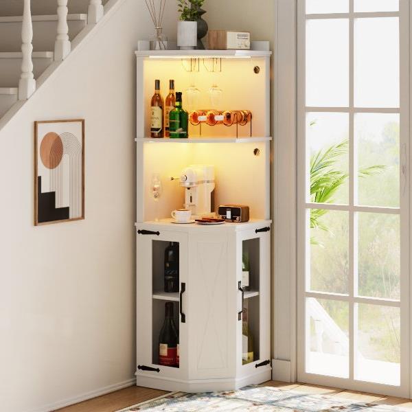 67.7" Corner Bar Cabinet with Power Outlet, Farmhouse Wine Bar Cabinet with Adjustable Shelves for Home,with Lights & Glass Rack for Dining Room, Living Room, Kitchen