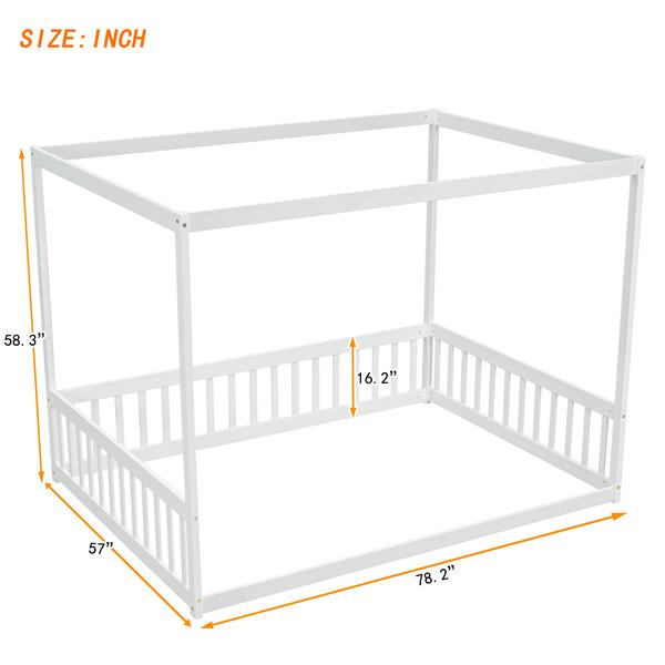 Full Size Canopy Frame Floor Bed with Fence, Guardrails,White