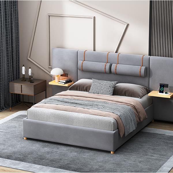 Queen Upholstered Platform Bed, Two Outlets and USB Charging Ports on Both Sides, Two Bedside Pillows, Storage Shelves, Gray