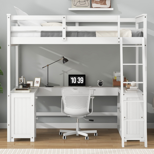 Full Size Loft Bed with U-shaped Desk, Drawers and Storage Shelves, White