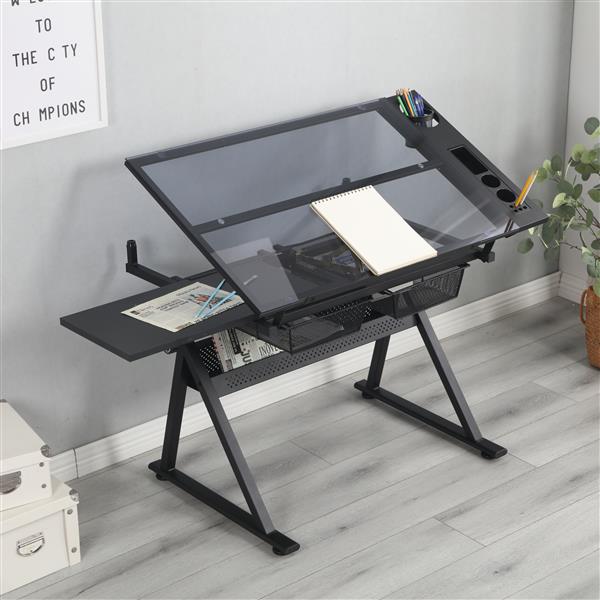 black adjustable tempered glass drafting printing table with chair