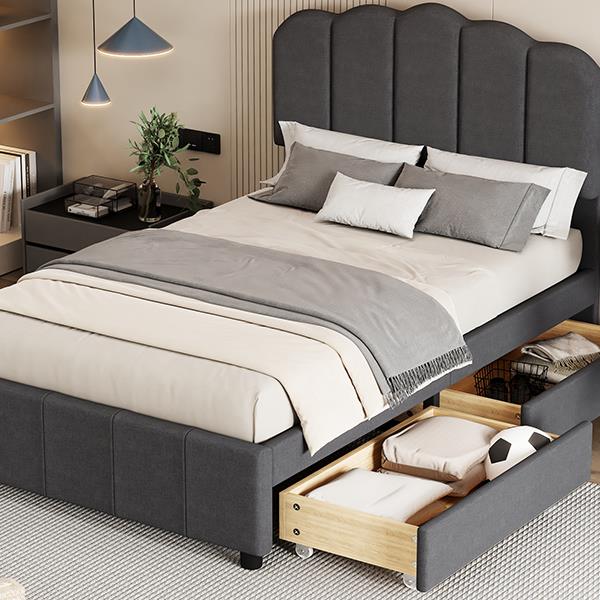 Twin Size Upholstered Bed with 2 Storage Drawers,Wood Slat Support, Gray