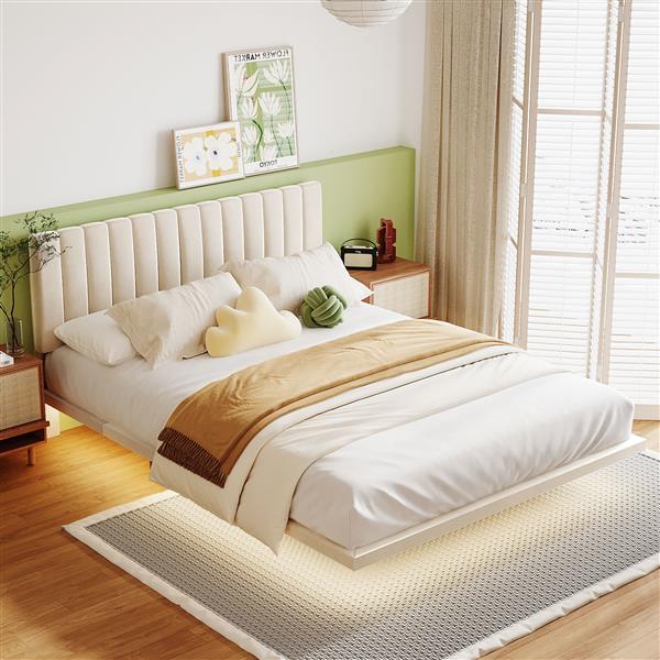 Queen Size Upholstered Bed with Sensor Light and Headboard, Floating Velvet Platform Bed, Beige