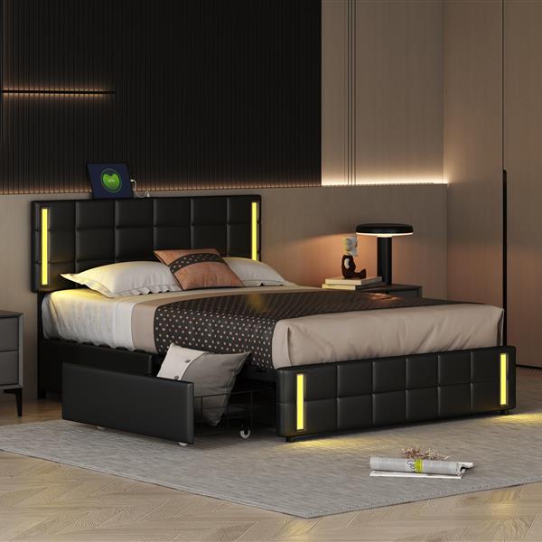 Queen Size Upholstered Platform Bed with LED Lights and USB Charging, Storage Bed with 4 Drawers, Black