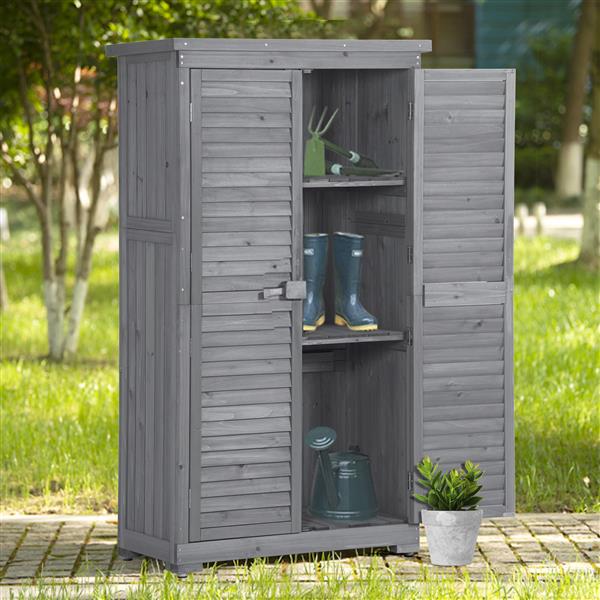 Wooden Garden Shed 3-tier Patio Storage Cabinet Outdoor Organizer Wooden Lockers with Fir Wood (Gray Wood Color -Shutter Design)