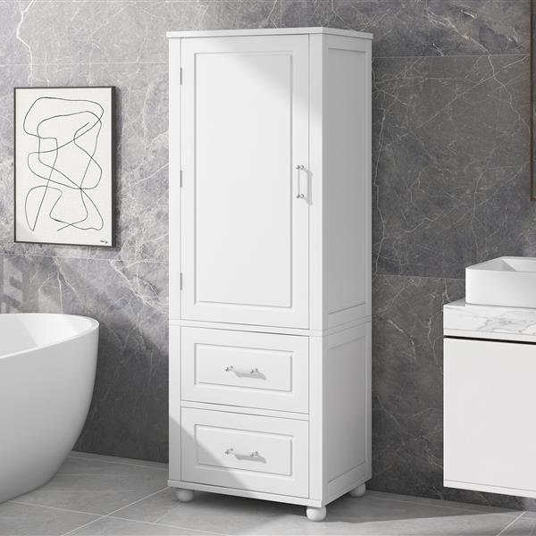 Tall Bathroom Storage Cabinet, Freestanding Storage Cabinet with Two Drawers and Adjustable Shelf, MDF Board with Painted Finish, White