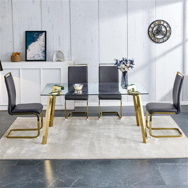 Modern minimalist style rectangular glass dining table with tempered glass tabletop and golden metal legs, suitable for kitchen, dining room, and living room, 63 inches * 35.4 inches * 30 inches