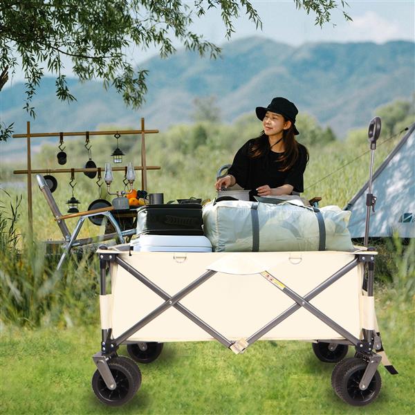 Folding Wagon, Heavy Duty Utility Beach Wagon Cart for Sand with Big Wheels, Adjustable Handle&Drink Holders for Shopping, Camping,Garden and Outdoor