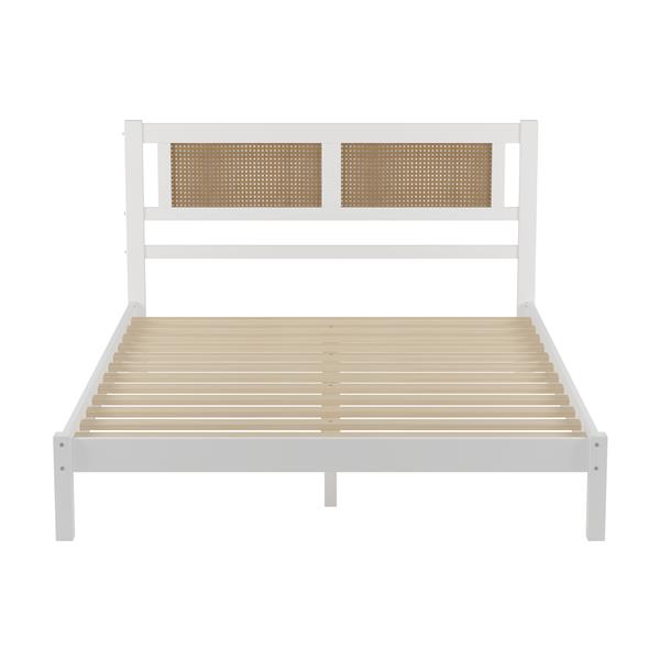 Queen Size Wood Platform Bed with Natural Rattan Headboard,Exquisite Elegance with Minimalist Charm for Bedroom,White