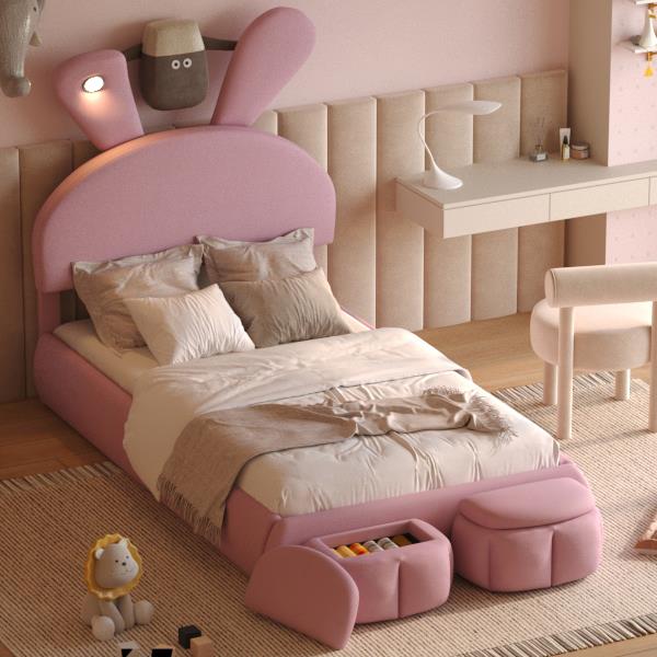 Twin Size Upholstered Platform Bed with Cartoon Ears Shaped Headboard and Light, Pink