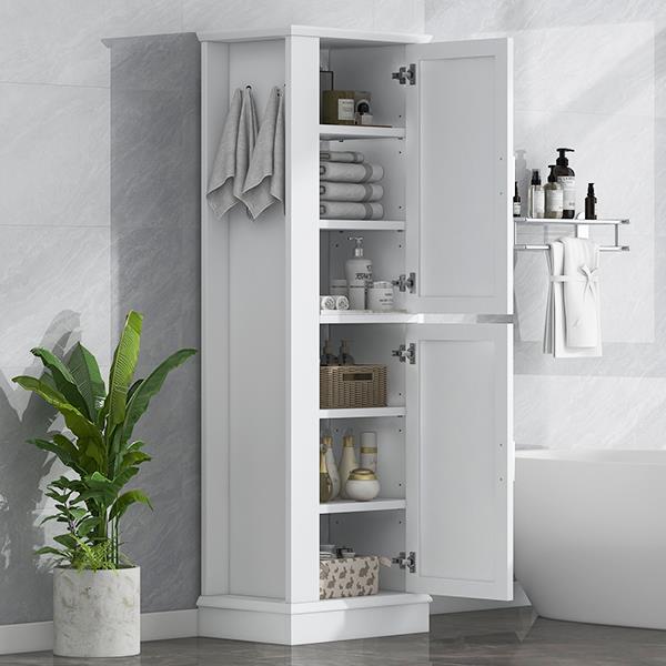 Tall Bathroom Storage Cabinet, Freestanding Storage Cabinet with Hook and Adjustable Shelf, MDF Board, White