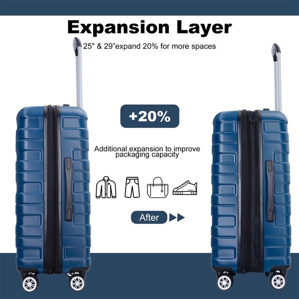 3 Piece Luggage Sets PC Lightweight & Durable Expandable Suitcase with Two Hooks, Double Spinner Wheels, TSA Lock, (21/25/29) Dark Blue