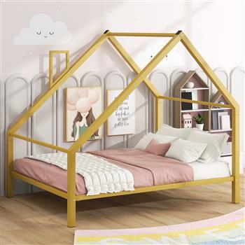 Full Size Metal House Platform Bed with Roof and Chimney, Gold