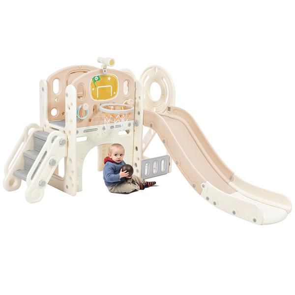 Kids Slide Playset Structure,  Castle Climbing Crawling Playhouse with Slide, Arch Tunnel, Ring Toss, and Basketball Hoop, Toy Storage Organizer for Toddlers, Kids Climbers Playground