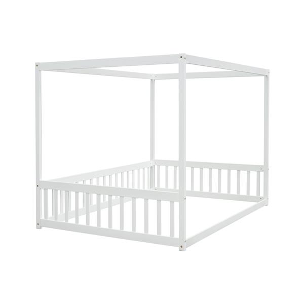 Full Size Canopy Frame Floor Bed with Fence, Guardrails,White