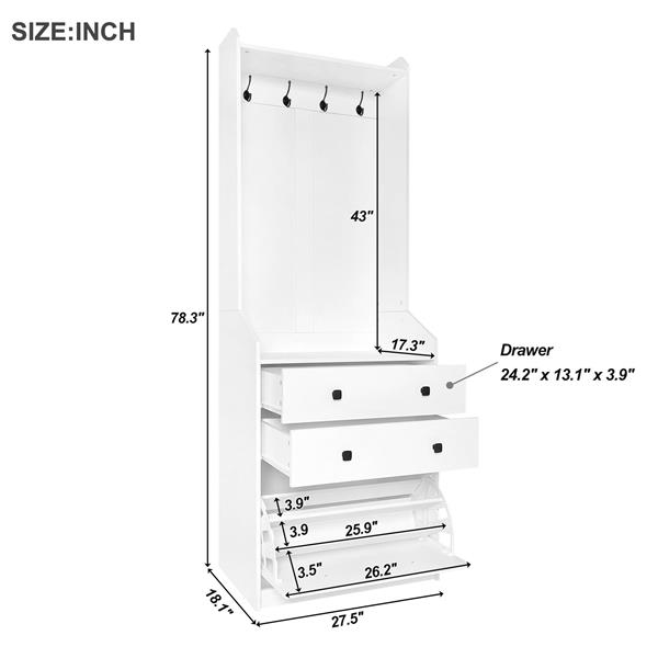 27.5''W Narrow Hall Tree with Flip Drawer, Multi-functional Coat Rack with 4 Hanging Hooks & Drawers,  Adjustable Shoe Storage Cabinet for Hallway, Living Room, White