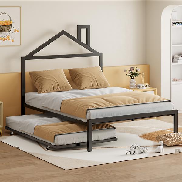 Full Size Metal Platform Bed with twin size trundle,House-Shaped Headboard Design, Black