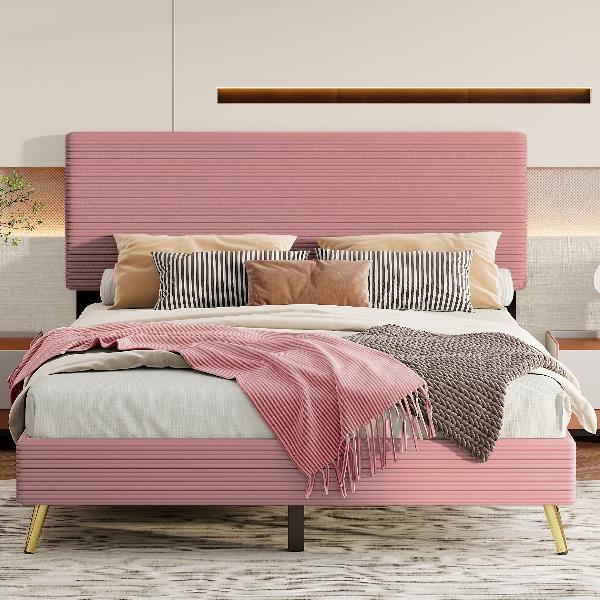 Queen Size Corduroy Upholstered Bed Frame, Platform Bed with Horizontal Stripe Headboard, No Box Spring Needed, Pink