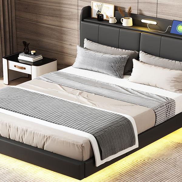 Queen Size Floating Bed Frame with Storage Headboard, Modern Upholstered Platform Bed with Touch Sensor Night Light and USB Charger, Black