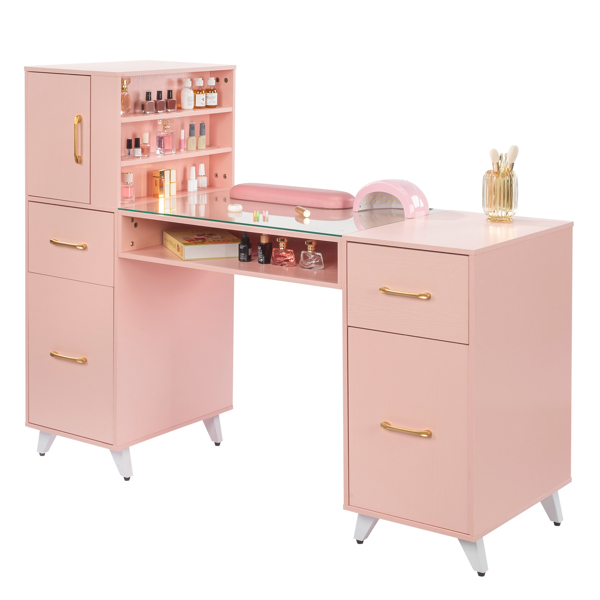 FCH pink relief particle board tempered glass 141*50*112cm three doors and two drawers fanless nail table