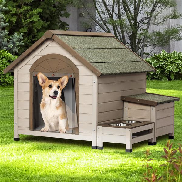 Outdoor fir wood dog house with an open roof ideal for small to medium dogs. With storage box, elevated feeding station with 2 bowls. Weatherproof asphalt roof and treated wood.