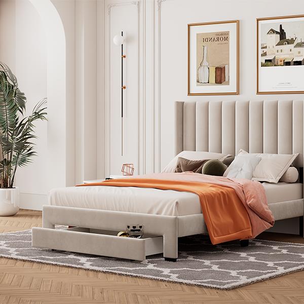 Full Size Storage Bed Velvet Upholstered Platform Bed with a Big Drawer - Beige