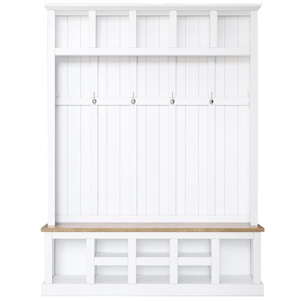 Farmhouse Wooden Style 78''H Modern Hall Tree with Wide Storage Seating Bench, Entryway Shoe Cabinet with 13 Compartments, Elegant Coat Rack with 6 Hooks for Mudroom, Living room, White