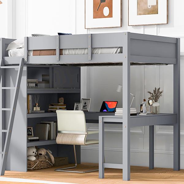 Full Size Loft Bed with Desk and Shelf - Gray