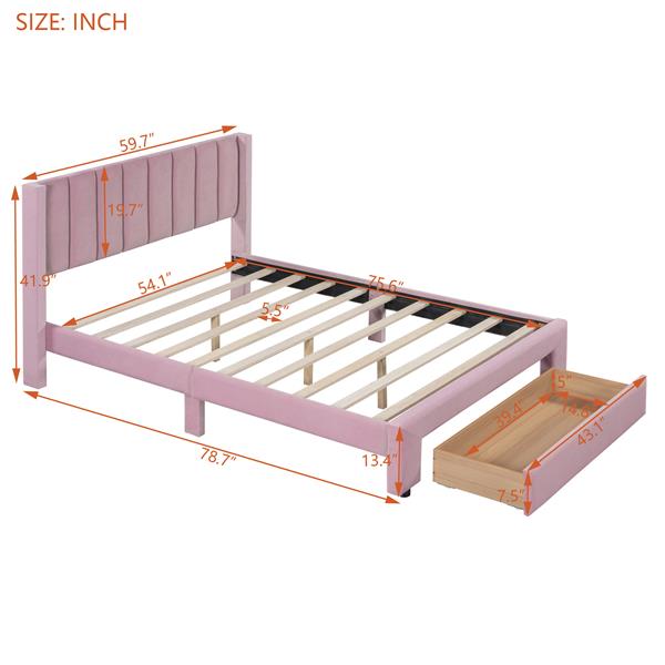 Full Size Storage Bed Velvet Upholstered Platform Bed with a Big Drawer - Pink