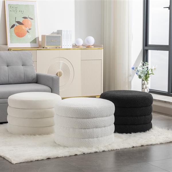 007-Velvet Fabric Storage Round Ottoman Footstool With Wooden Shelving,Light Gray