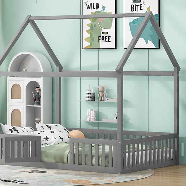 Full Size Wood House Bed with Fence and Door, Gray